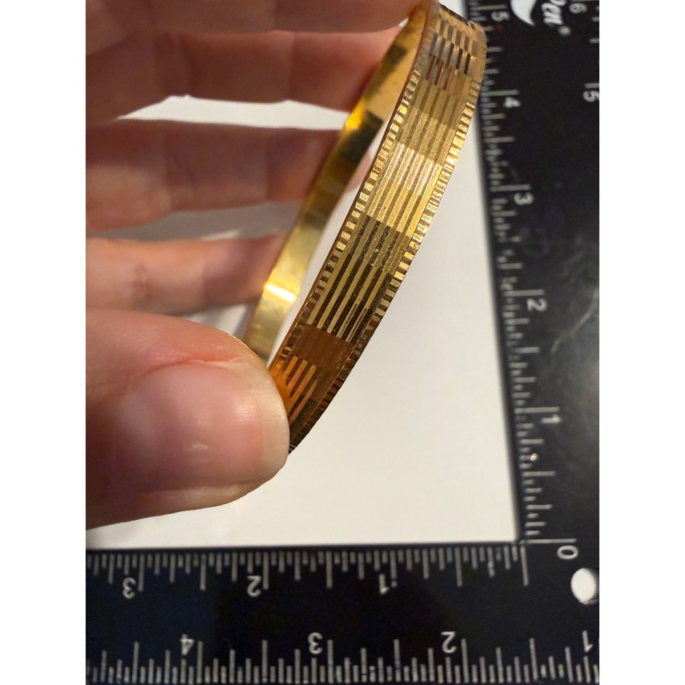 Vintage W Germany Gold Tone Etched Geometric Striped Bangle Bracelet Mid Century